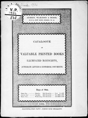 Catalogue of valuable printed books, illuminated manuscripts, autograph letters and historical documents : [vente du 15 au 17 décembre 1924]