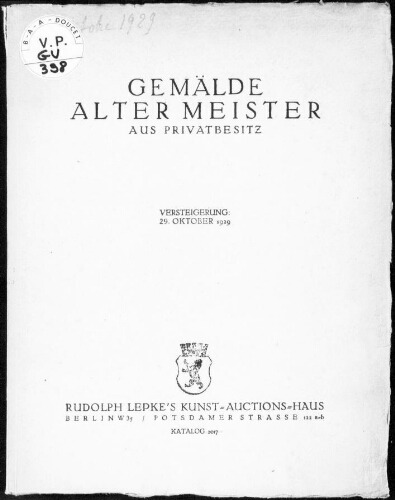 Gemälde alter Meister aus Privatbesitz : [vente du 29 octobre 1929]