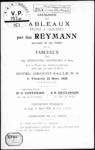 Catalogue des tableaux, études et esquisses par feu Reymann provenant de son atelier  [...] : [vente du 12 mars 1920]
