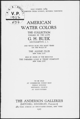 American water colors, the collection formed by the late G. H. Buek [...] : [vente du 4 novembre 1927]