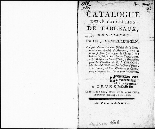 Catalogue d'une collection de tableaux délaissés par feu J. Vanbellinghen [...] : [vente du 2 octobre 1786]