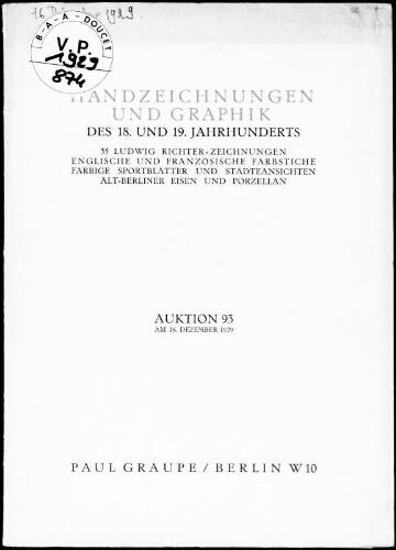 Handzeichnungen und Graphik des 18. und 19. Jahrhunderts [...] : [vente du 16 décembre 1929]