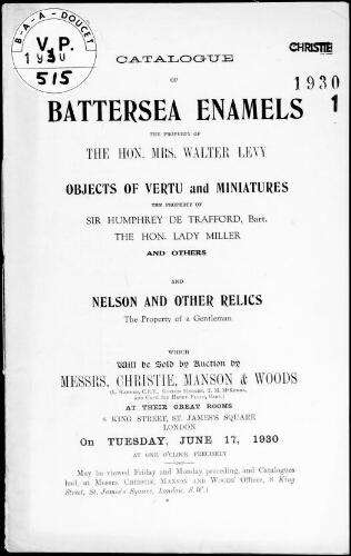 Catalogue of Battersea enamels, the property of the Honourable Mrs. Walter Levy [...] : [vente du 17 juin 1930]