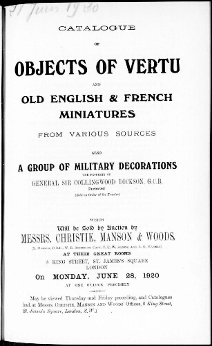 Catalogue of objects of vertu and old English & French miniatures from various sources [...] : [vente du 28 juin 1920]