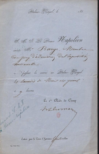 Billet du premier aide de camp du prince Napoléon
