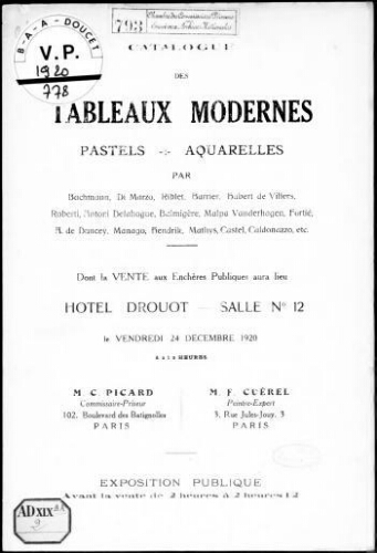 Catalogue des tableaux modernes, pastels, aquarelles, par Bachmann, Di Marzo, Riblet [...] : [vente du 24 décembre 1920]
