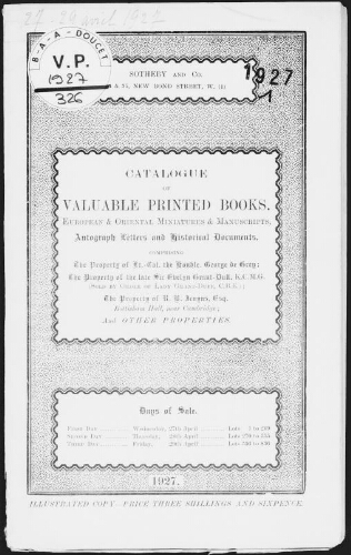 Catalogue of valuable printed books [...], the property of Lt.-Col. the Honorable George de Grey [...] : [vente du 27 au 29 avril 1927]