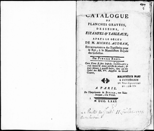 Catalogue de planches gravées, dessins, estampes et tableaux après le décès de M. Michel Audran [...] : [vente du 16 juillet 1771]