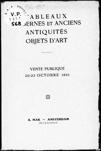 Tableaux modernes et anciens, antiquités, objets d'art : [vente du 20 au 22 octobre 1931]
