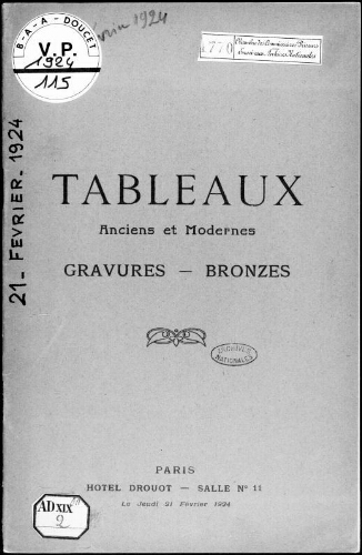Tableaux anciens et modernes, gravures, bronzes : [vente du 21 février 1924]