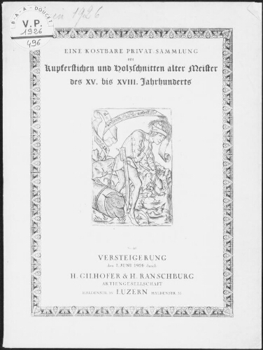 Kostbare Privat-Sammlung von Kupferstichen und Holzlchnitten alter Meister des XV. bis XVIII Jahrhunderts : [vente du 7 juin 1926]