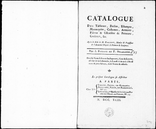 Catalogue des tableaux, dessins, estampes, mannequins [...] : [vente du 16 avril 1792]