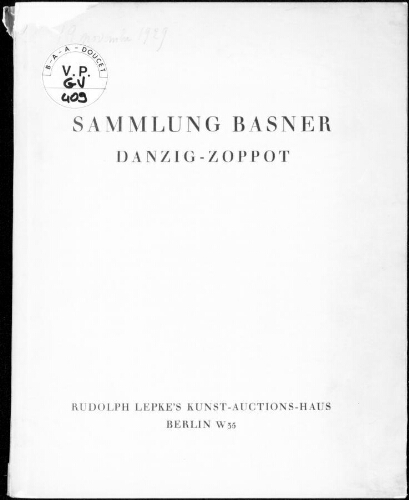 Sammlung Basner, Danzig-Soppot : [vente du 19 novembre 1929]
