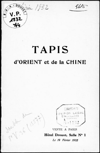 Tapis d'Orient et de la Chine : [vente du 19 février 1932]