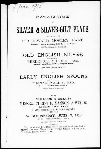 Catalogue of silver and silver-gilt plate [...] : [vente du 7 juin 1916]