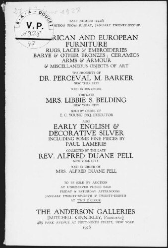 American and European furniture [...], the property of Dr. Perceval M. Barker [...] : [vente des 27 et 28 janvier 1928]