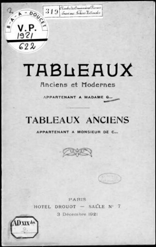 Tableaux anciens et modernes appartenant à Madame G., tableaux anciens appartenant à Monsieur de C. : [vente du 3 décembre 1921]