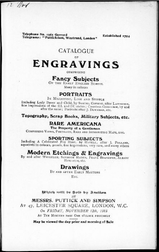 Catalogue of engravings comprising fancy subjects of the early English school […] : [vente du 12 novembre 1915]
