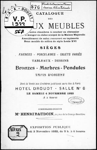Catalogue des beaux meubles, importantes chambres à manger à coucher en citronnier [...] : [vente du 4 novembre 1922]