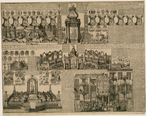[Représentation des différentes décorations et illuminations faites à La Haye à l'occasion de la paix qui mit fin à la guerre de succession d'Espagne en 1713]