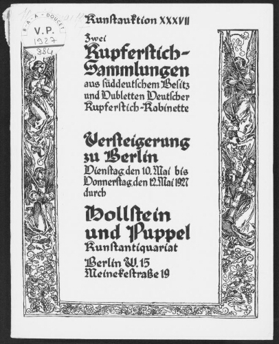 Zwei Kupferstichsammlungen aus süddeutschem Besitz und Dubletten deutscher Kupferstich-Kabinette [...] : [vente du 12 mai 1927]