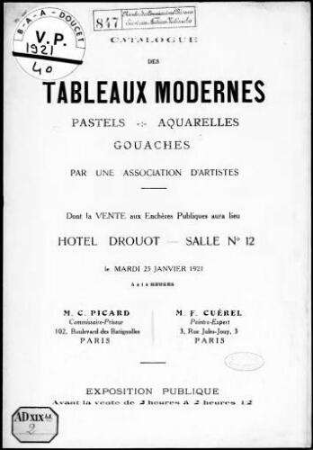 Catalogue des tableaux modernes, pastels, aquarelles, gouaches par une association d'artistes : [vente du 25 janvier 1921]