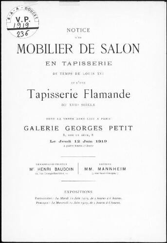 Notice d'un mobilier de salon en tapisserie du temps de Louis XVI et d'une tapisserie flamande [...] : [vente du 12 juin 1919]