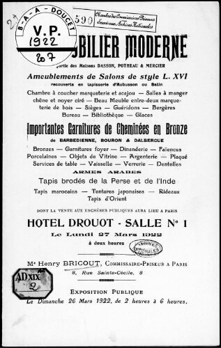 Mobilier moderne, en partie des Maisons Dasson, Potheau et Mercier, ameublements de salons de style Louis XVI [...] : [vente du 27 mars 1922]
