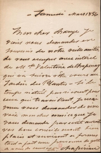 Lettre de Théodore Chassériau