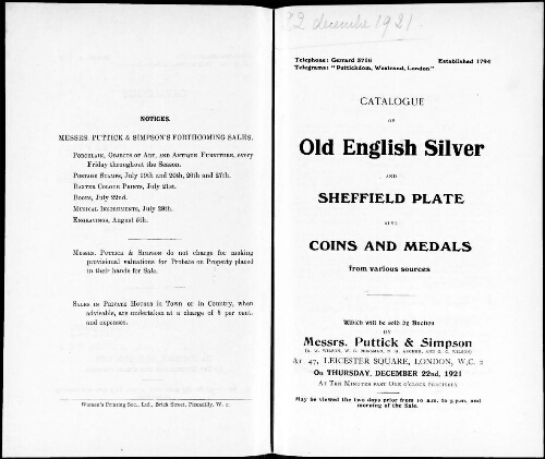 Catalogue of old English silver and Sheffield plate, also coins and medals from various sources [...] : [vente du 22 décembre 1921]