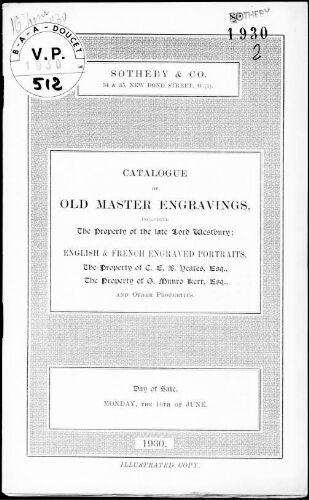 Catalogue of old master engravings, including the property of the late Lord Westbury [...] : [vente du 16 juin 1930]