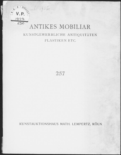 Antikes Mobiliar, kunstgewerbliche Antiquitäten, Plastiken, etc. : [vente des 2 et 3 novembre 1927]