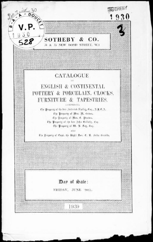Catalogue of English and continental pottery and porcelain [...] comprising the property of the late Frederick Shelley [...] : [vente du 20 juin 1930]