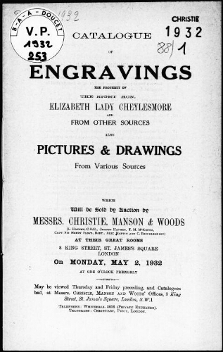 Catalogue of engravings, the property of the Right Honourable Elizabeth Lady Cheylesmore [...] : [vente du 2 mai 1932]