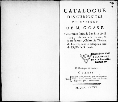 Catalogue des curiosités du cabinet de M. Gosse [...] : [vente du 11 avril 1774]