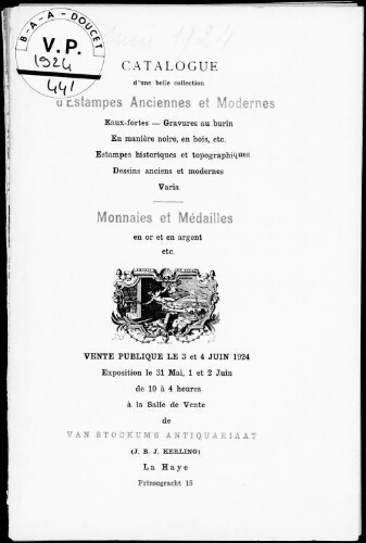 Catalogue d'une belle collection d'estampes anciennes et modernes [...] : [vente des 3 et 4 juin 1924]