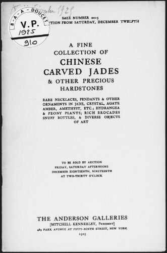 Fine collection of Chinese carved jades and other precious hardstones [...] : [vente des 18 et 19 décembre 1925]