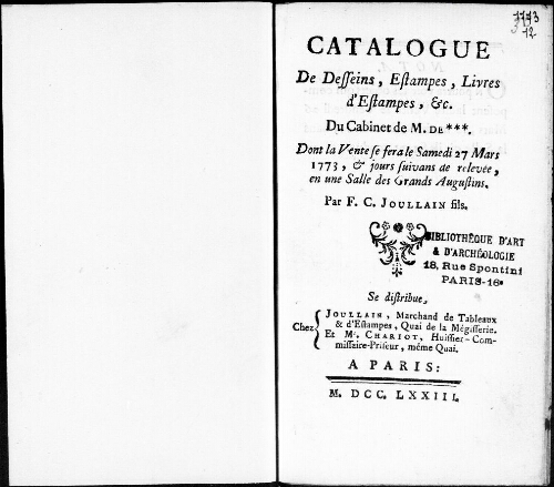 Catalogue de dessins, estampes, livres d'estampes, etc. du cabinet de M. de *** [...] : [vente du 27 mars 1773]