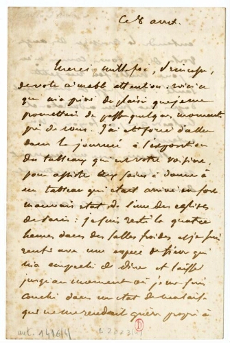 Lettre d'Eugène Delacroix à la princesse Czartoryska, 8 août 1855