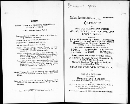 Catalogue of fine old Italian and other violins, violas, violoncellos, and double basses [...] : [vente du 30 novembre 1922]