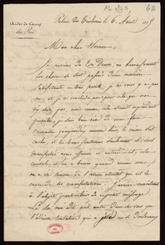 Baron Atthalin. Lettre autographe signée écrite des Tuileries adressée à Horace Vernet