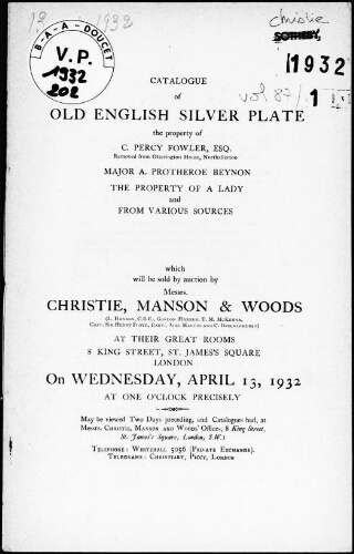 Catalogue of old English silver plate, the property of C. Percy Fowler, Esq. [...] : [vente du 13 avril 1932]