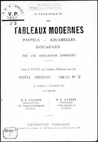 Catalogue des tableaux modernes, pastels, aquarelles, gouaches [...] : [vente du 5 février 1921]
