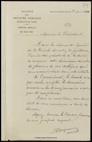 Lettre d'A. Viqueron à Jean-Louis-Ernest Meissonier, 22 janvier 1890