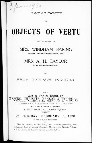 Catalogue of objects of vertu [...] : [vente du mardi 3 février 1920]