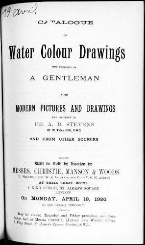 Catalogue of watercolour drawings the property of a gentleman […] : [vente du 19 avril 1920]