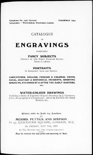 Catalogue of engravings comprising fancy subjects chiefly of the early English school […] : [vente du 14 mai 1915]