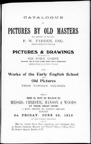 Catalogue of pictures by old masters […] : [vente du 23 juin 1916]