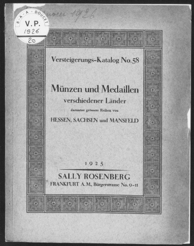 Münzen und Medaillen verschiedener Länder, darunter grössere Reihen von Hessen, Sachsen und Mansfeld : [vente du 18 janvier 1926]