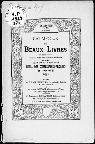 Collection L. M. (2e partie). Catalogue de beaux livres en tous genres  [...] : [vente des 8, 10 et 11 mai 1929]